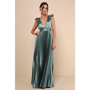 NWT Lulus Exceptional Drama Sage Green Satin Lace-Up Pleated Maxi Dress Bride M